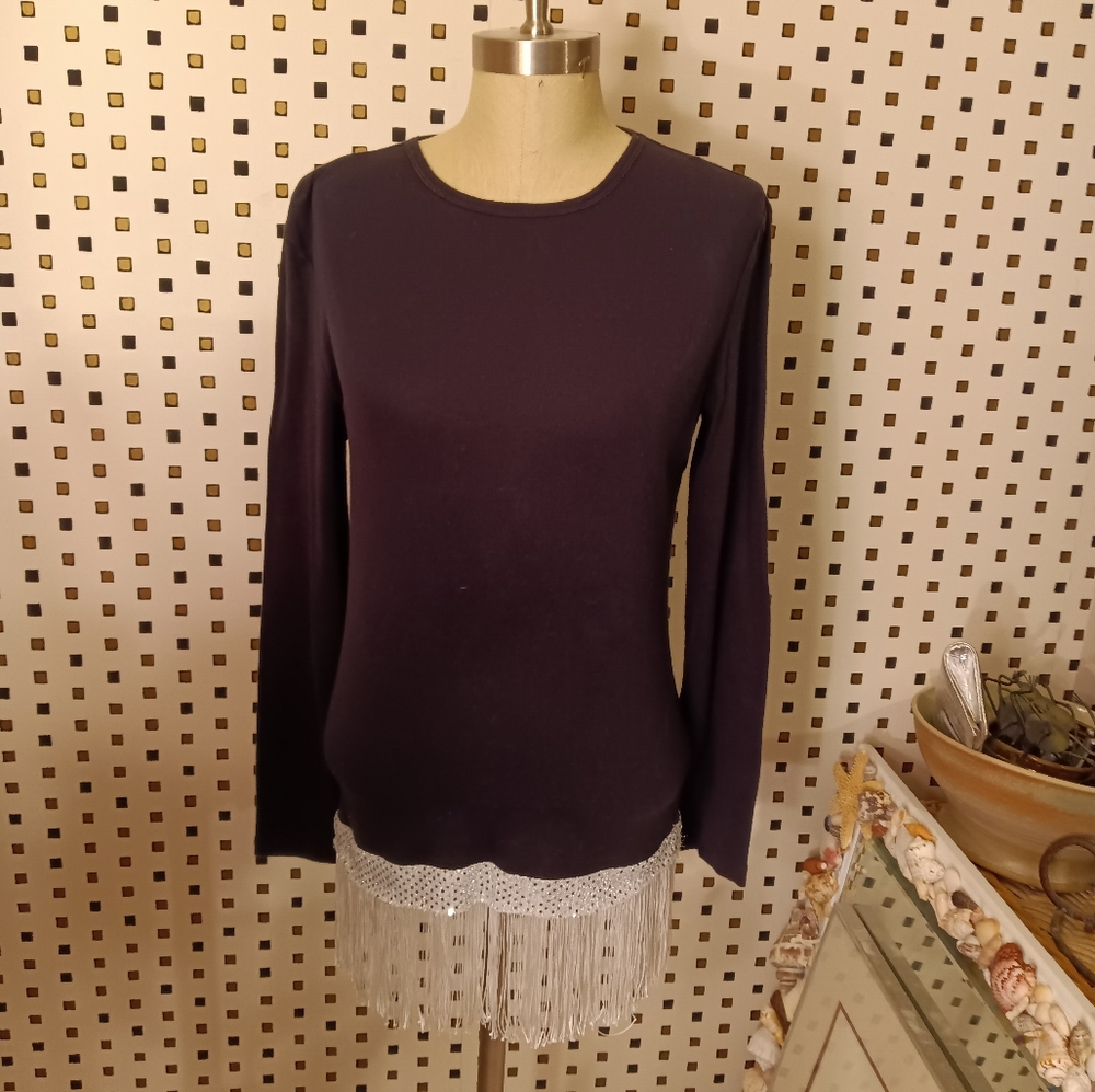 Bass Black Knit Top with Bottom Fringe & Trim.